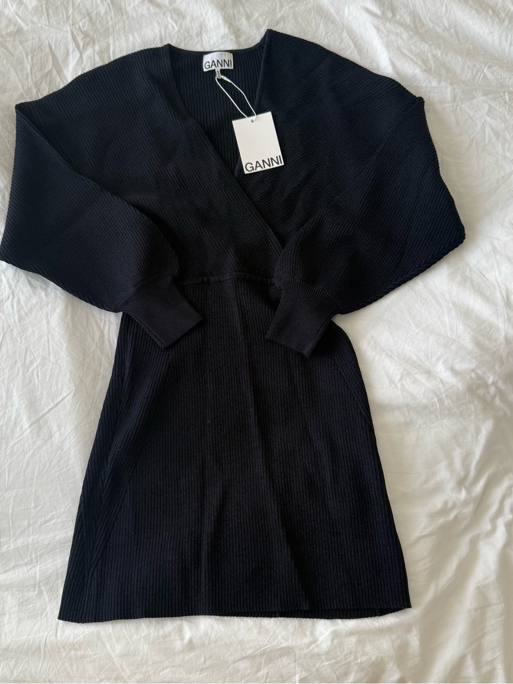 Ganni Black Ribbed V-Neck Mini Dress